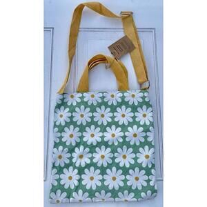 Reusable Canvas Bag Tore Crossbody Daisies Flowers Green White Yellow NWT